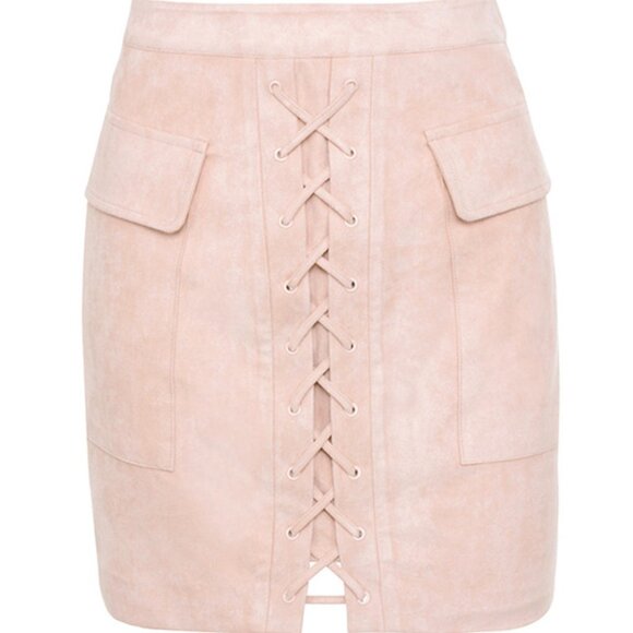 NWT Mistress Rocks Light Pink Suede Lace Up Mini Skirt Size M with Pockets - Picture 2 of 13